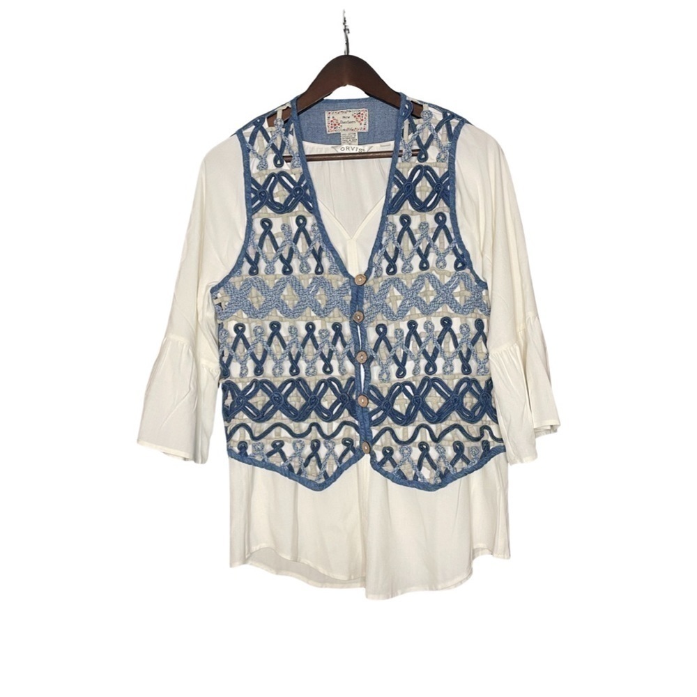 Vintage Denim Crochet Lace Vest Women’s M Boho Western Cowgirl Button Front - Picture 3 of 7